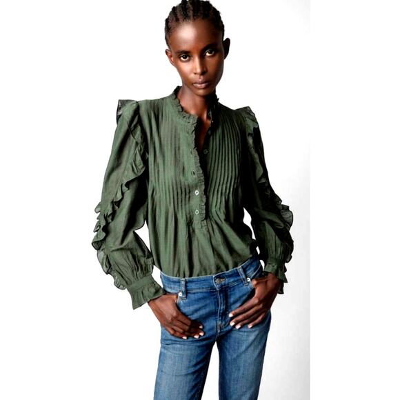 Zadig & Voltaire Timmy Tomboy Pintuck Ruffle Blouse Kaki  XS - Picture 1 of 14